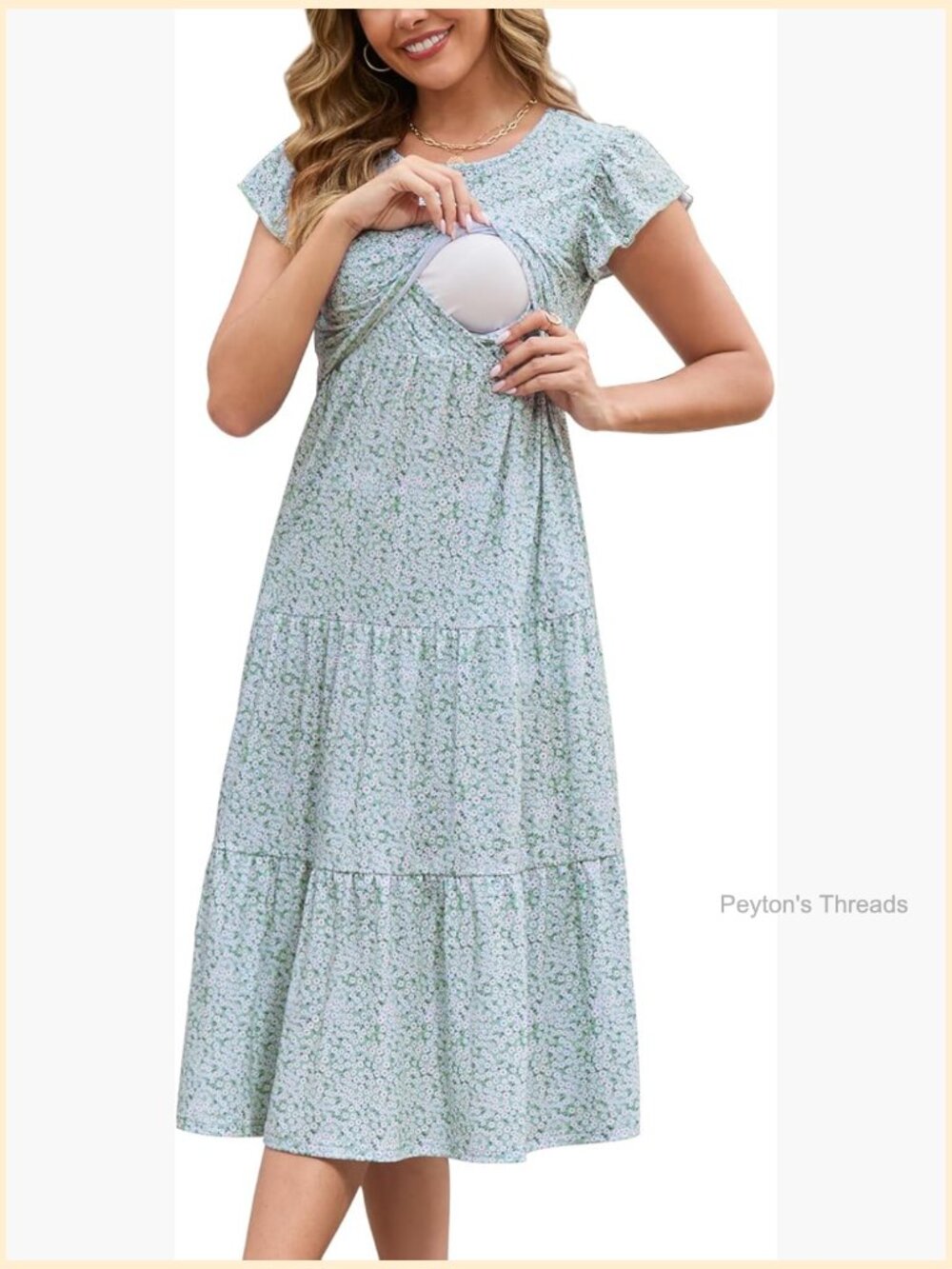 Women Nursing Midi Dress Flutter Sleeve Crew Neck Loose Maternity Summer Dress